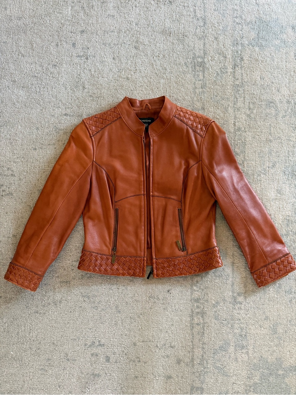 Excellent Condition: bebe Cognac Genuine Leather Jacket w/ Braided Trim, sz. Sm